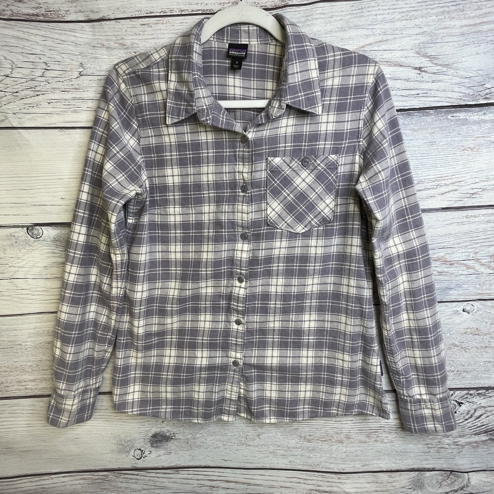 Patagonia 100% Organic Cotton Flannel Shirt Womens Size 2 (XS) Purple Plaid